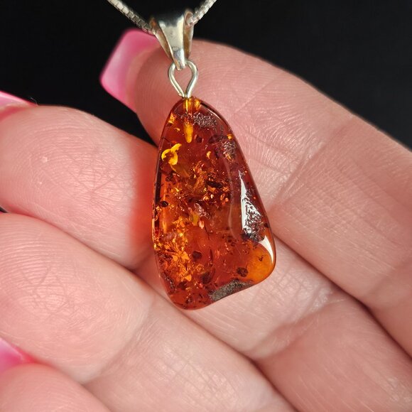 Genuine Amber Pendant Necklace on 24" Italian 925 Sterling Silver Box Chain - Picture 13 of 13